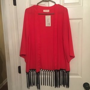 NWT size large red w/black fringe kimono